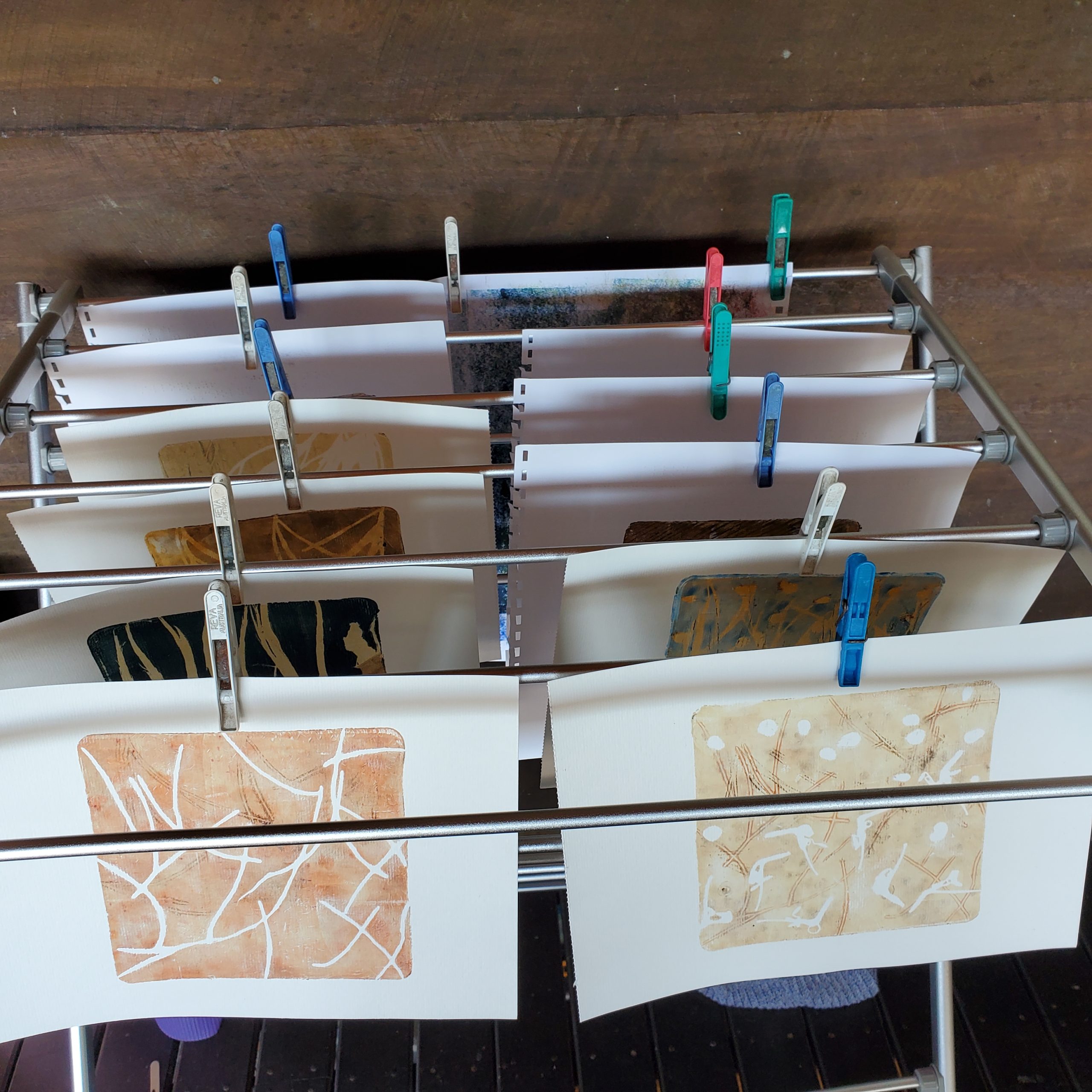 Fresh monoprints pegged to clothes line, drying.