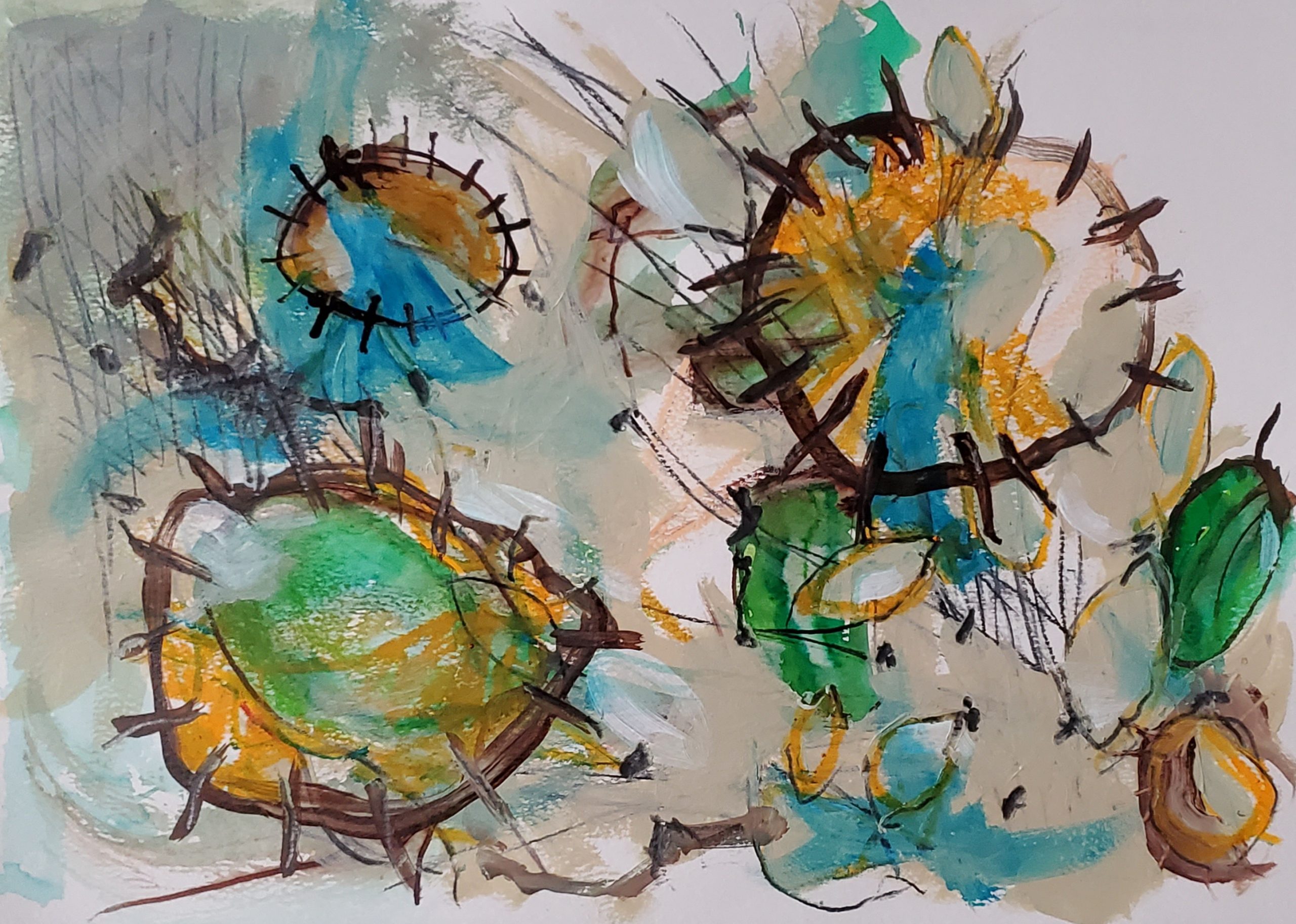 Beach inspired marks made in watercolour, pencil and acrylic