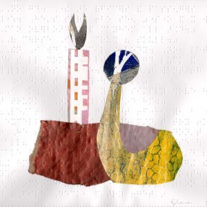 2 building like shapes collaged using printed papers