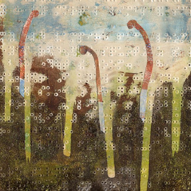 Acrylic monoprint in shades of brown, blue, cream and lime green. 3 collaged flower tentacles.